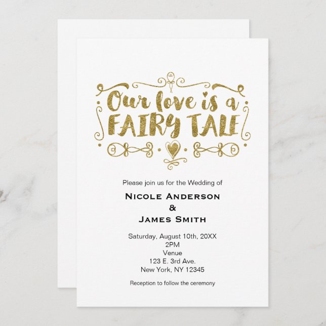 Gold OUR LOVE IS A FAIRY TALE Wedding Invitation (Front/Back)