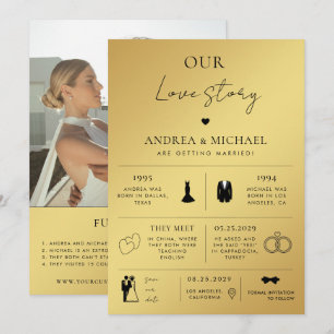 Gold Our Love Story Infographic Photo Wedding Invitation