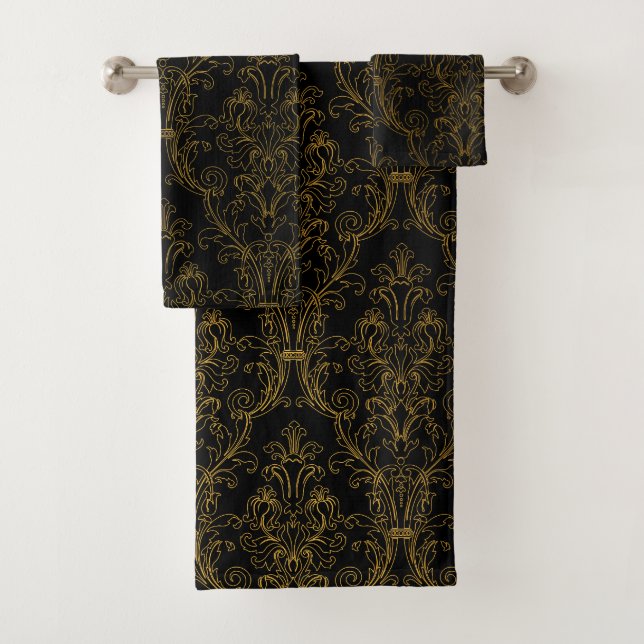Gold Outline Black Floral Damask Bath Towel Set (Insitu)