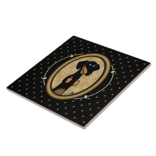 Gold Oval Dachshund Cartoon Portrait (black & tan) Ceramic Tile