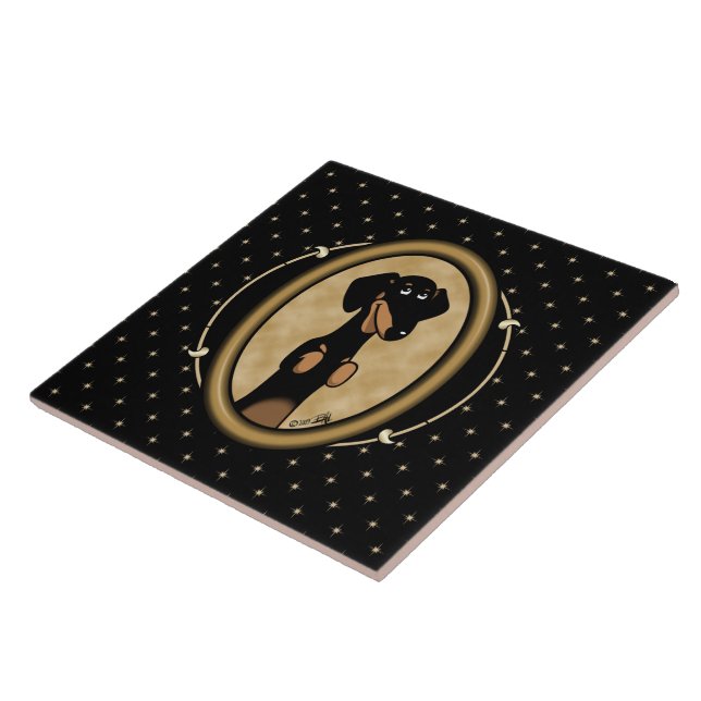 Gold Oval Dachshund Cartoon Portrait (black & tan) Ceramic Tile (Side)