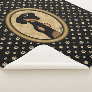 Gold Oval Dachshund Cartoon Portrait (black & tan) Sherpa Blanket