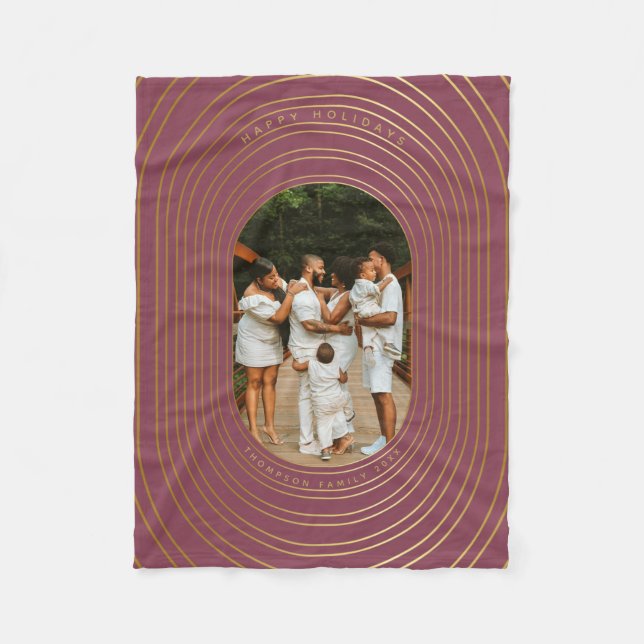 Gold Oval Frame Custom Photo Family Christmas Fleece Blanket (Front)