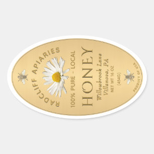 Gold oval honey label with heraldic bees, daisy