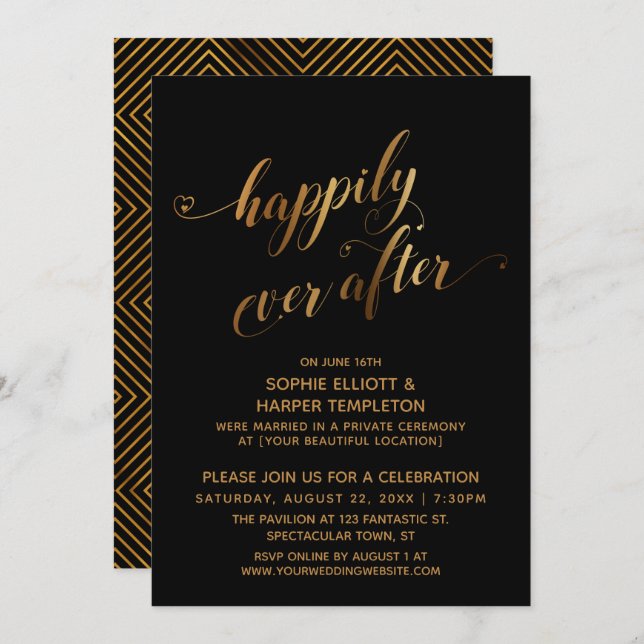 Gold over Black Happily Ever After Post Wedding Invitation (Front/Back)