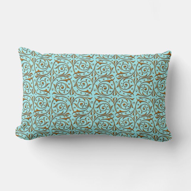 Gold over Teal Blue Green Vine Pattern Lumbar Cushion (Front)