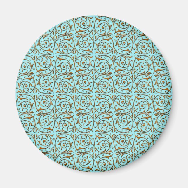 Gold over Teal Blue Green Vine Pattern Magnet (Front)