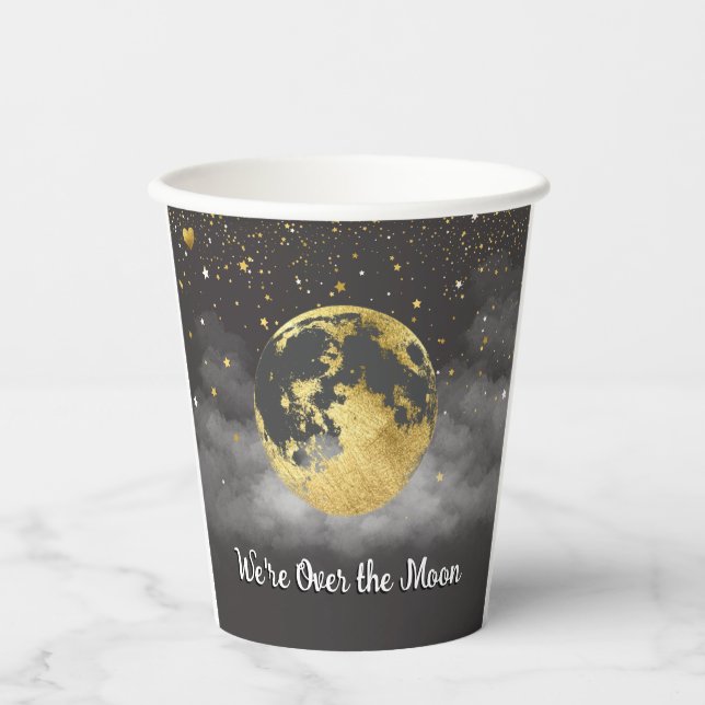 Gold Over the Moon and Stars Baby Shower Paper Cups (Front)