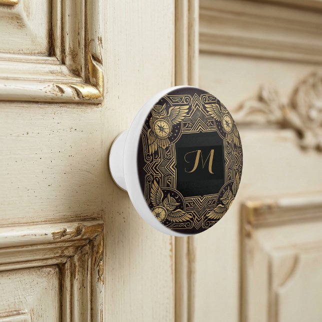 Gold Owl Compass Monogram Art Deco Ceramic  Knob (Creator Uploaded)
