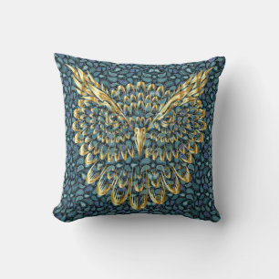 Gold Owl Face on Colourful Paisley Cushion