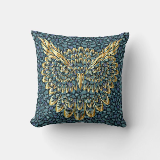 Gold Owl Face on Colourful Paisley  Cushion (Front)
