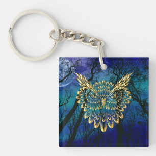 Gold Owl Face on forest at night  Key Ring