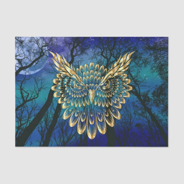 Gold Owl Face on forest at night  Tissue Paper (Front)