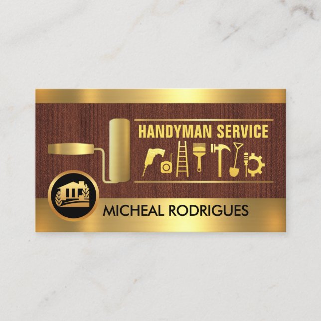 Gold Paint Brush Handyman Tools Business Card (Front)