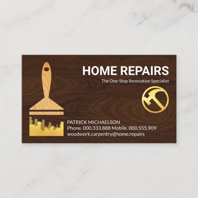 Gold Paint Brush Wood Texture Business Card (Front)