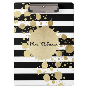 Gold Paint Splatter Black White Stripes Monogram Clipboard