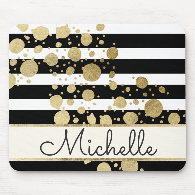 Gold Paint Splatter Black White Stripes Monogram Mouse Pad (Front)