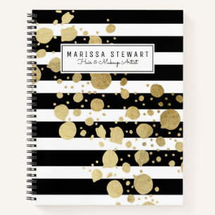 Gold Paint Splatter Black White Stripes Notebook