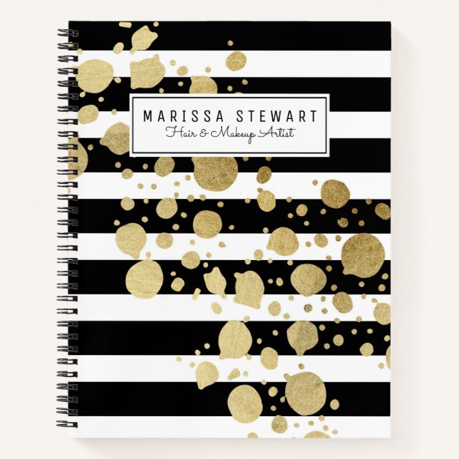 Gold Paint Splatter Black White Stripes Notebook (Front)