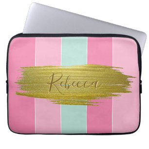 Gold Paint Stroke Colourful Mint Pink Stripes Laptop Sleeve