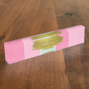 Gold Paint Stroke Colourful Mint Pink Stripes Nameplate