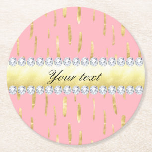 Gold Paint Strokes and Diamonds Pink Round Paper Coaster