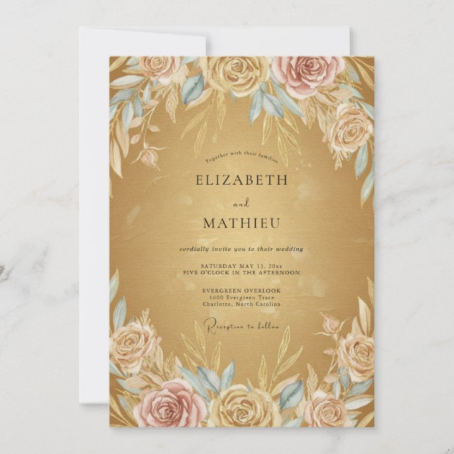 Gold Painted Bloom Wedding Invitation (Front)