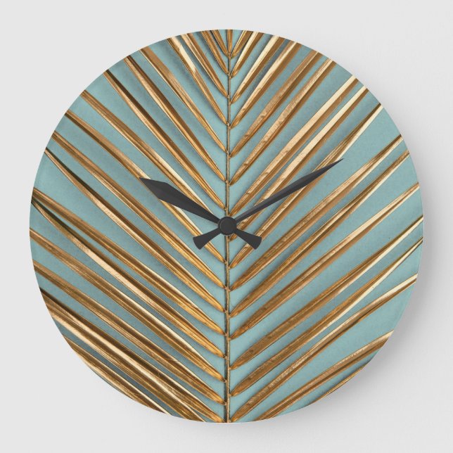 Gold Painted Tropical Palm Pattern Large Clock (Front)