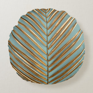 Gold Painted Tropical Palm Pattern Round Cushion