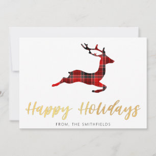 Gold Painting Buffalo Plaid Deer Christmas Holiday Card