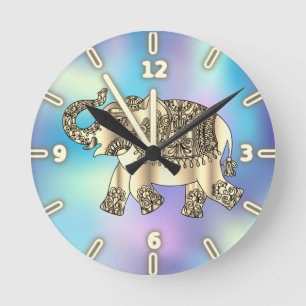 Gold Paisley Floral Elephant,Blue Holographic Round Clock