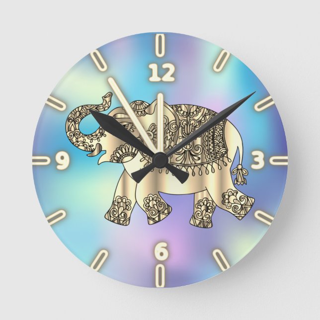 Gold Paisley Floral Elephant,Blue Holographic Round Clock (Front)