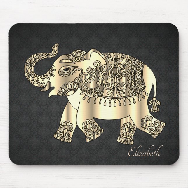 Gold Paisley Floral Elephant,Damask - Personalised Mouse Pad (Front)