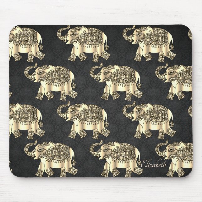 Gold Paisley Floral Elephant, Damask- Personalised Mouse Pad (Front)