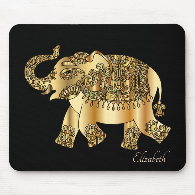 Gold Paisley Floral Elephant- Personalised Mouse Pad (Front)