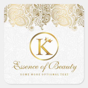 Gold Paisley Floral Lace White Background Square Sticker