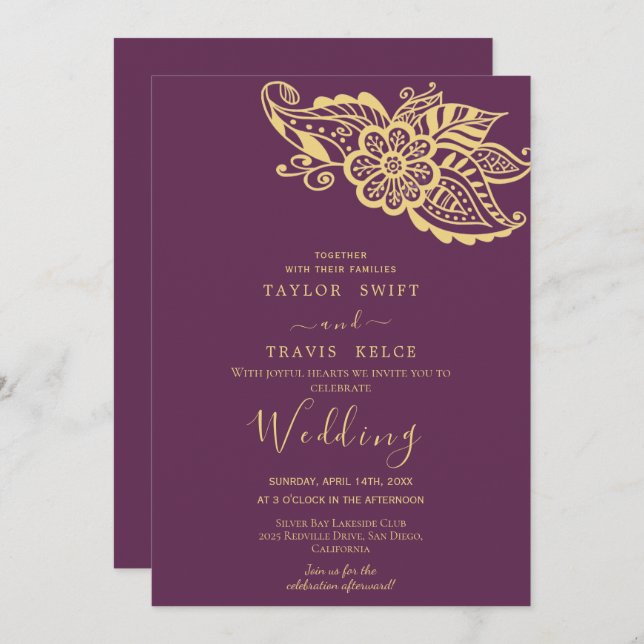 Gold Paisley Indian Wedding Invitation (Front/Back)
