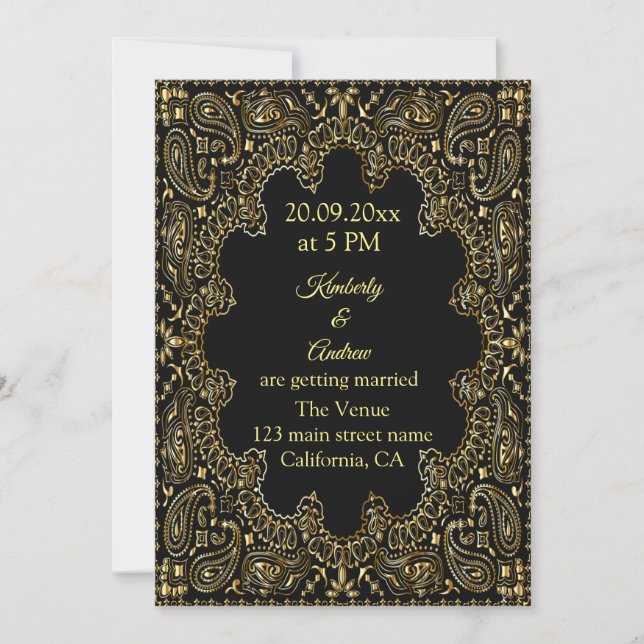 Gold Paisley Line Art Wedding Invitation (Front)