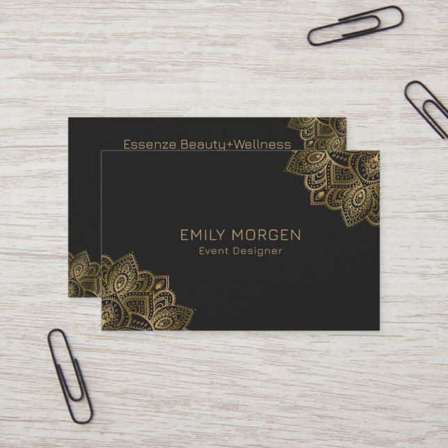 Gold Paisley Mandala On Dar Grey Business Card (Front/Back In Situ)