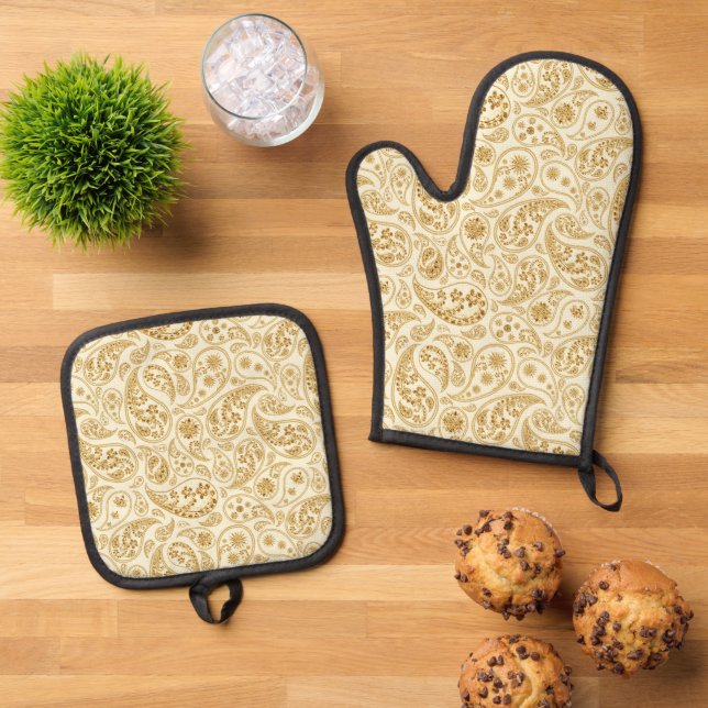 Gold Paisley Oven Mitt Either One or Set (Top Down)