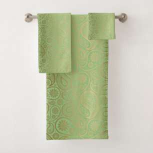 Gold paisley pattern green background bath towel set