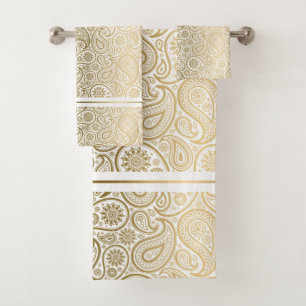 Gold paisley pattern stripes accent bath towel set