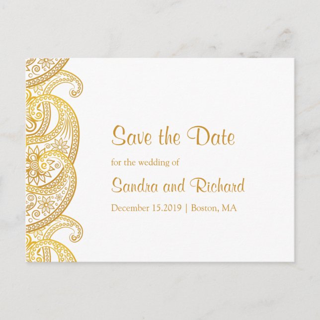 Gold Paisley Traditional Indian Save the Date Announcement Postcard (Front)