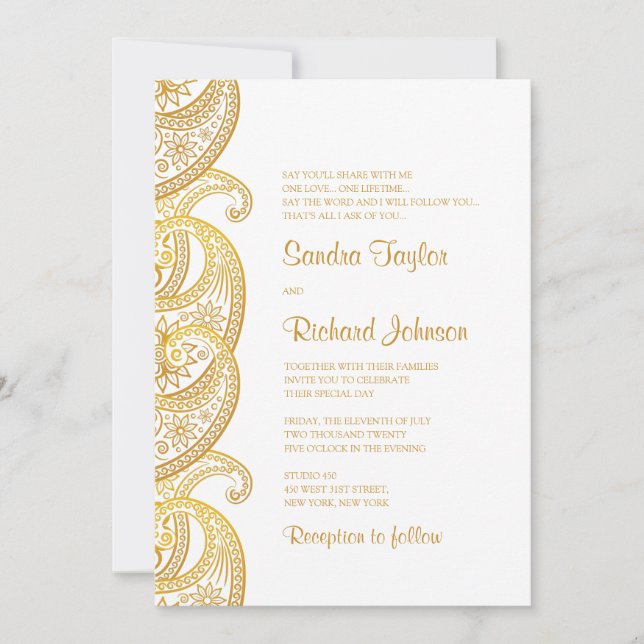 Gold Paisley Traditional Indian Wedding Invitation (Front)