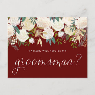 Gold Pale Peonies Floral Red Groomsmen Proposal Invitation Postcard