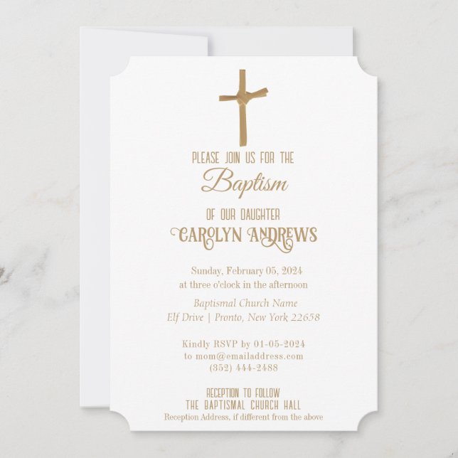 Gold Palm Cross Personalised Baptism, Christening Invitation (Front)