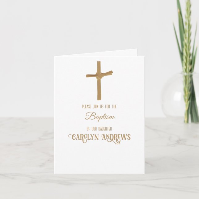 Gold Palm Cross Personalised Baptism Folded Invitation (Front)