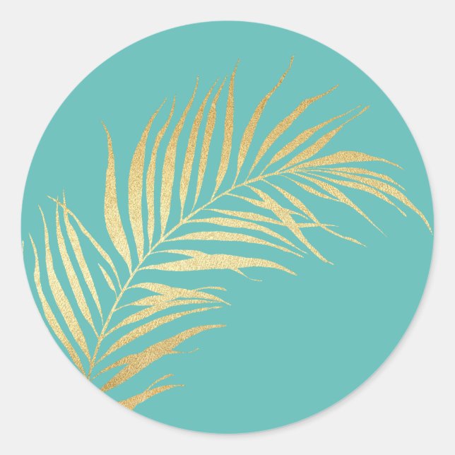 Gold Palm Frond on Caribbean Blue Background Classic Round Sticker (Front)