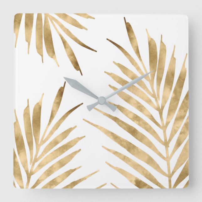 Gold Palm Fronds Square Wall Clock (Front)