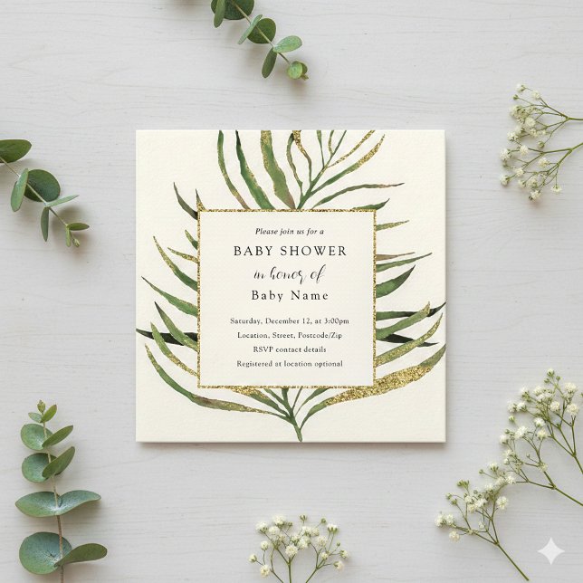 Gold palm leaf baby shower invitation (Gold palm leaf baby shower invitation.)